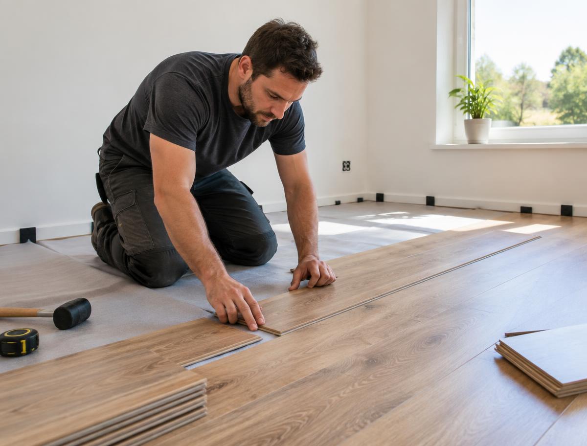 Montáž plovoucí laminátové podlahy v obytné místnosti